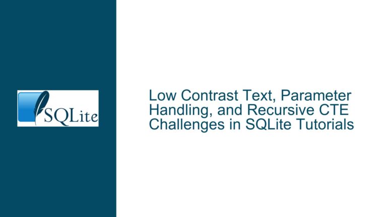 Low Contrast Text, Parameter Handling, and Recursive CTE Challenges in SQLite Tutorials